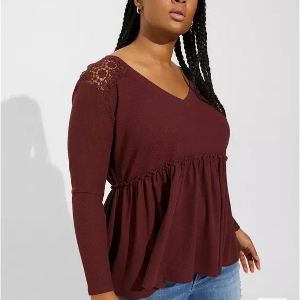 Torrid Top Waffle Thermal Knit Lace Inset Long Sleeve Babydoll Burgundy Wine